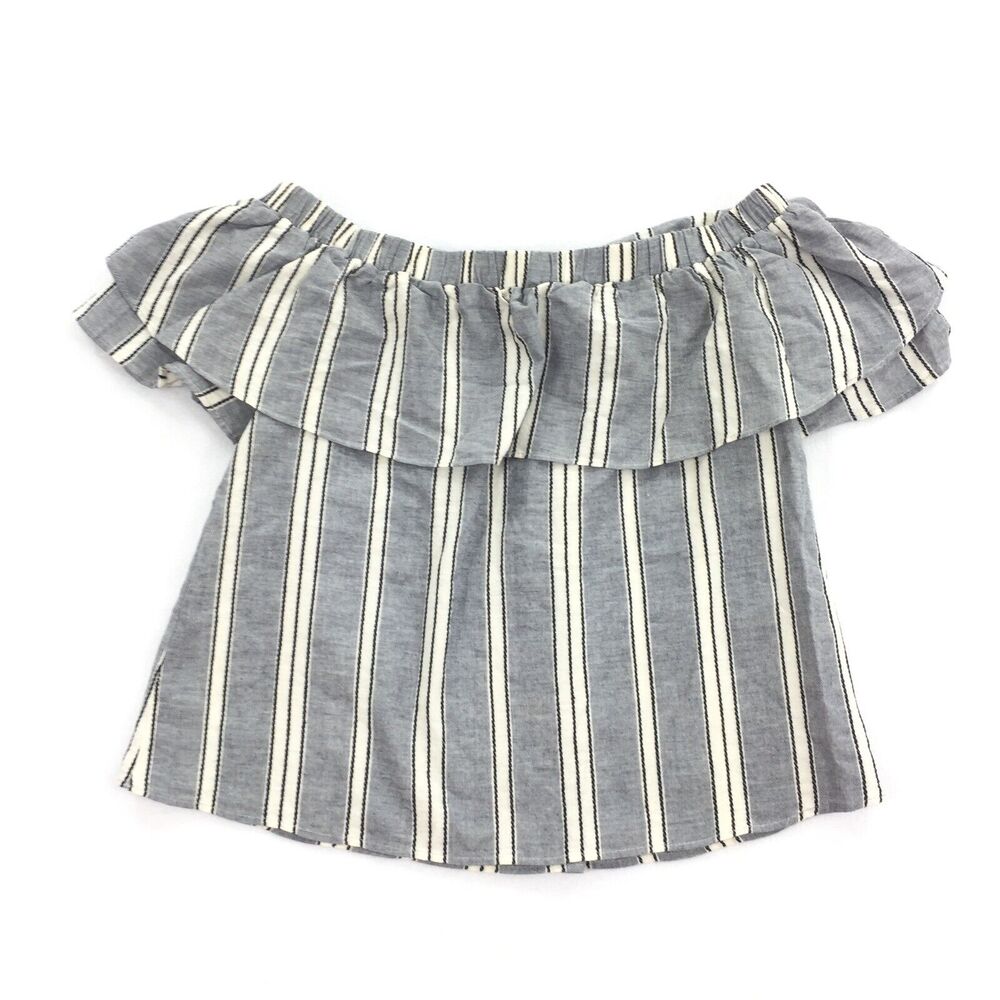 Everly Off The Shoulder Ruffle Striped Top Size Small Blue Gray White Blouse S